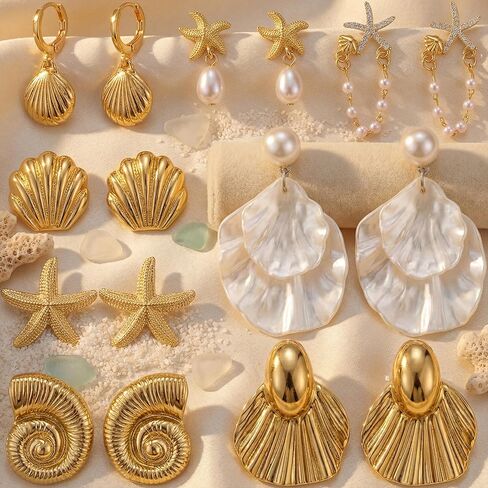 Nosiny 8 Pairs Beach Earrings for Women Gold Starfish Seashell Pearl Drop Shell Conch Earrings Summer Ocean Beachy Jewelry in Saudi Arabia