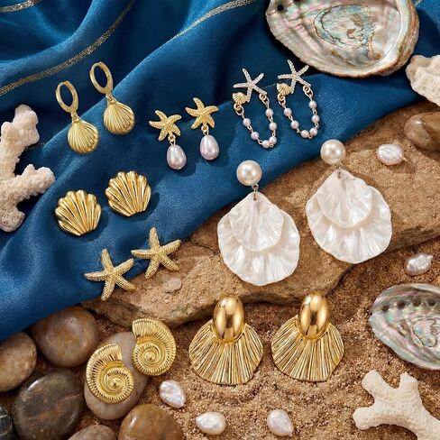 Nosiny 8 Pairs Beach Earrings for Women Gold Starfish Seashell Pearl Drop Shell Conch Earrings Summer Ocean Beachy Jewelry in Saudi Arabia