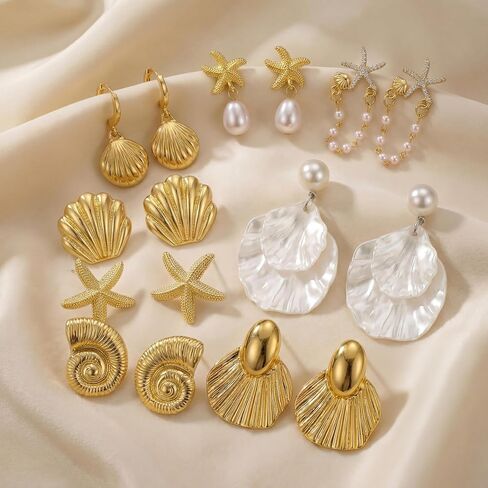 Nosiny 8 Pairs Beach Earrings for Women Gold Starfish Seashell Pearl Drop Shell Conch Earrings Summer Ocean Beachy Jewelry in Saudi Arabia
