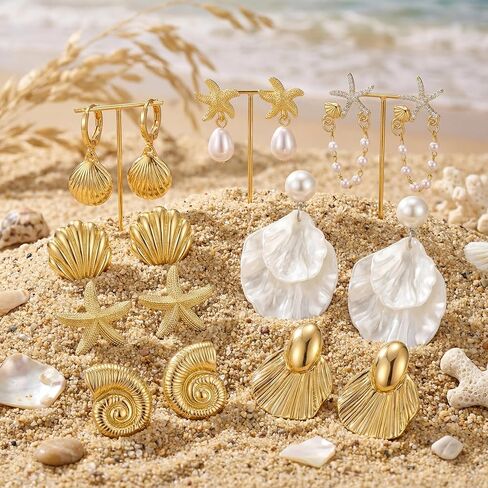Nosiny 8 Pairs Beach Earrings for Women Gold Starfish Seashell Pearl Drop Shell Conch Earrings Summer Ocean Beachy Jewelry in Saudi Arabia
