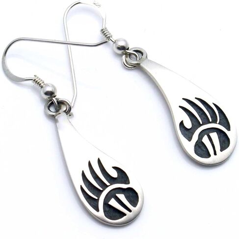 1 1/8" Hopi Overlay Sterling Silver Bear Paw Dangle Earrings With A French Hook in Saudi Arabia