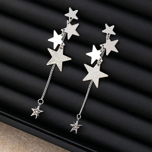 Silver Stars Dangle Earrings for Women Sparkly Long Tassel Star Drop Stud Earrings Jewelry in Saudi Arabia