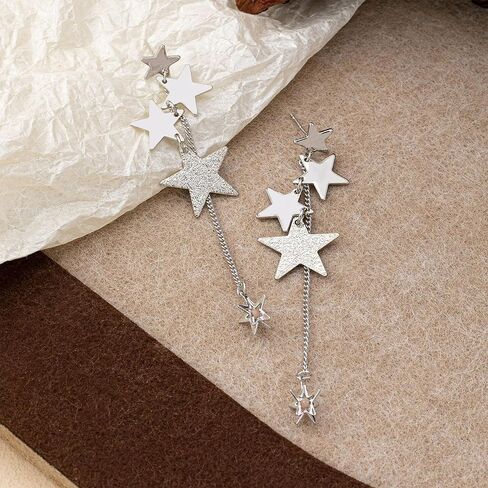 Silver Stars Dangle Earrings for Women Sparkly Long Tassel Star Drop Stud Earrings Jewelry in Saudi Arabia