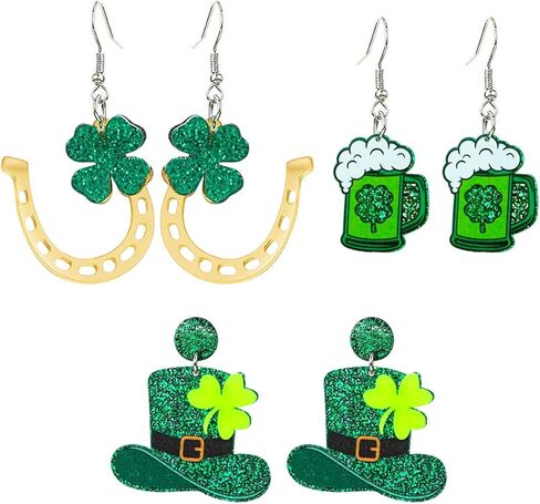 3 Pairs St. Patrick's Day Earrings Green Acrylic Earrings Green Clover Stud Earrings Irish Dangle Earrings for Women Holiday Accessories in Kuwait