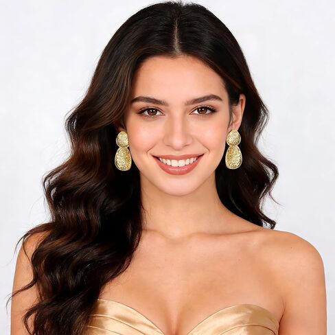 YUJIE Gold Statement Earrings for Women 18K Gold Plated Hammered Textured Earrings Bold Dangle Geometric Earring Trendy Jewelry in Kuwait