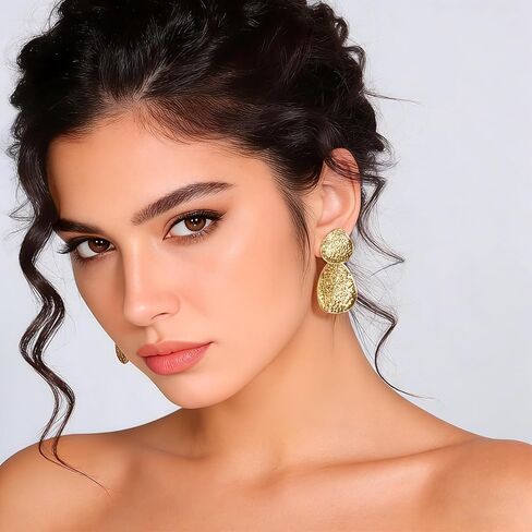 YUJIE Gold Statement Earrings for Women 18K Gold Plated Hammered Textured Earrings Bold Dangle Geometric Earring Trendy Jewelry in Kuwait