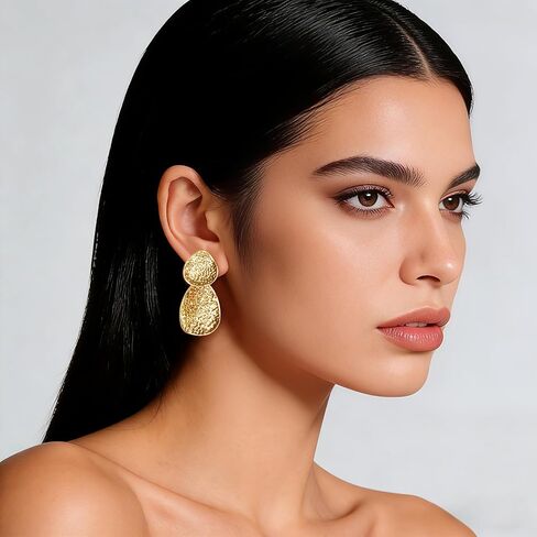 YUJIE Gold Statement Earrings for Women 18K Gold Plated Hammered Textured Earrings Bold Dangle Geometric Earring Trendy Jewelry in Kuwait