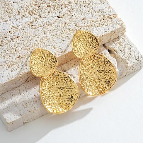 YUJIE Gold Statement Earrings for Women 18K Gold Plated Hammered Textured Earrings Bold Dangle Geometric Earring Trendy Jewelry in Kuwait