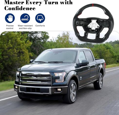 عجلة قيادة لسيارة Ford F150 2015-2020 من ألياف الكربون ذات اللون الأسود المائي على شكل حرف D ذات قاعدة مسطحة من الجلد المثقوب مسبقًا عجلة قيادة لـ F150 بدون مبدلات مجداف in Kuwait