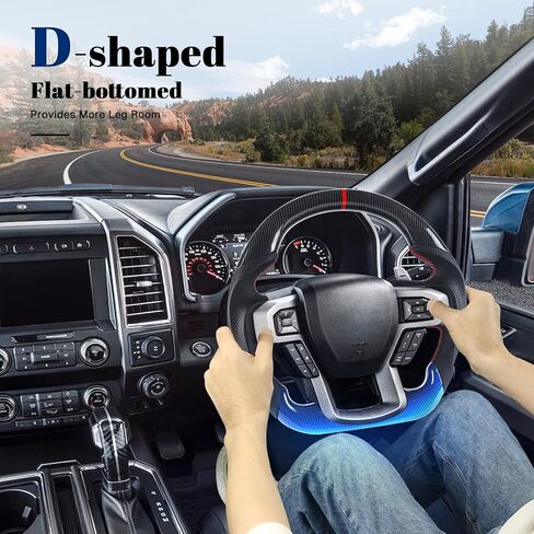 عجلة قيادة لسيارة Ford F150 2015-2020 من ألياف الكربون ذات اللون الأسود المائي على شكل حرف D ذات قاعدة مسطحة من الجلد المثقوب مسبقًا عجلة قيادة لـ F150 بدون مبدلات مجداف in Kuwait