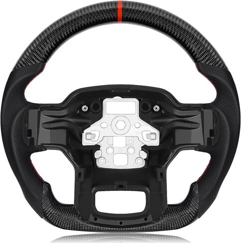 عجلة قيادة لسيارة Ford F150 2015-2020 من ألياف الكربون ذات اللون الأسود المائي على شكل حرف D ذات قاعدة مسطحة من الجلد المثقوب مسبقًا عجلة قيادة لـ F150 بدون مبدلات مجداف in Kuwait