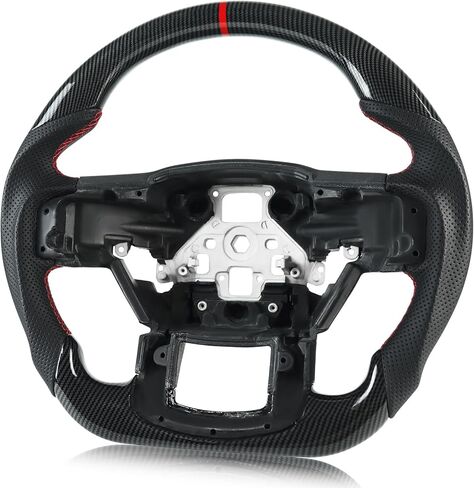 عجلة قيادة لسيارة Ford F150 2015-2020 من ألياف الكربون ذات اللون الأسود المائي على شكل حرف D ذات قاعدة مسطحة من الجلد المثقوب مسبقًا عجلة قيادة لـ F150 بدون مبدلات مجداف in Kuwait