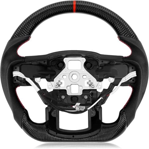 عجلة قيادة لسيارة Ford F150 2015-2020 من ألياف الكربون ذات اللون الأسود المائي على شكل حرف D ذات قاعدة مسطحة من الجلد المثقوب مسبقًا عجلة قيادة لـ F150 بدون مبدلات مجداف in Kuwait