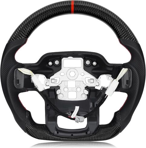 عجلة قيادة لسيارة Ford F150 2015-2020 من ألياف الكربون ذات اللون الأسود المائي على شكل حرف D ذات قاعدة مسطحة من الجلد المثقوب مسبقًا عجلة قيادة لـ F150 بدون مبدلات مجداف in Kuwait