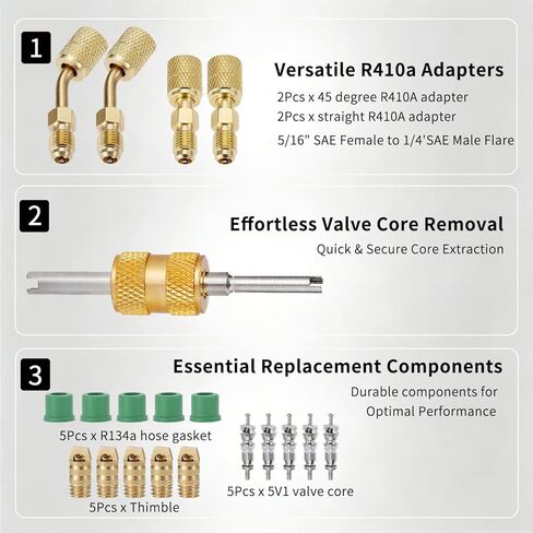 محول R410a لنظام تقسيم صغير، محول منفذ فراغ الشحن، 5/16 أنثى 1/4 ذكر مضيئة، مزيل قلب الصمام، جوانات خرطوم R134a، قلوب صمام 5V1، لخدمة التدفئة والتهوية وتكييف الهواء والتبريد in Kuwait