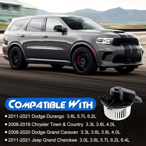 Front HVAC Heater Blower Motor with Fan Cage, Compatible with 2011-2021 Jeep Grand Cherokee, 2011-2021 Dodge Durango, 2008-2020 Grand Caravan, 2008-2016 Chrysler Town & Country, Replace# 700216 in Kuwait