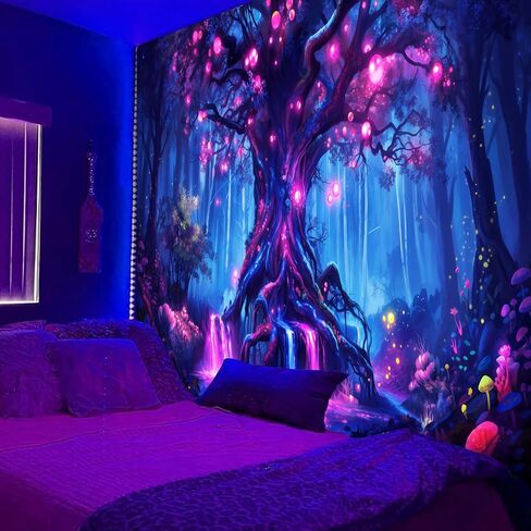 SparkLia Blacklight Fantasy Tree of Life Tapestry – UV Reactive Glowing Neon Forest Wall Hanging, Magical Fairy Waterfall Galaxy Nature Art Decor for Bedroom, Living Room - 59.1" x 80" in Kuwait