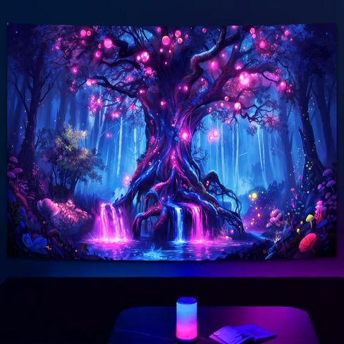 SparkLia Blacklight Fantasy Tree of Life Tapestry – UV Reactive Glowing Neon Forest Wall Hanging, Magical Fairy Waterfall Galaxy Nature Art Decor for Bedroom, Living Room - 59.1" x 80" in Kuwait