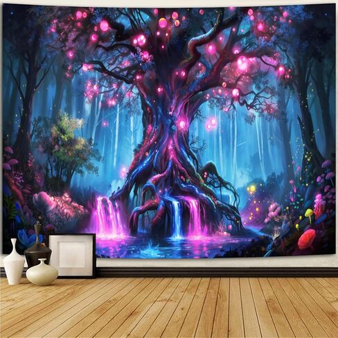 SparkLia Blacklight Fantasy Tree of Life Tapestry – UV Reactive Glowing Neon Forest Wall Hanging, Magical Fairy Waterfall Galaxy Nature Art Decor for Bedroom, Living Room - 59.1" x 80" in Kuwait