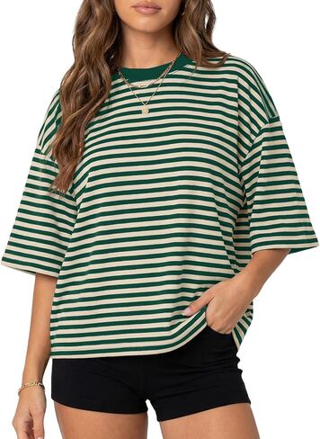 BAIGRAM Oversized Crewneck Striped Tee Tops Short Sleeve Drop Shoulder Y2K Aesthetic Casual Preppy Cotton Tshirt Summer Girls in Kuwait