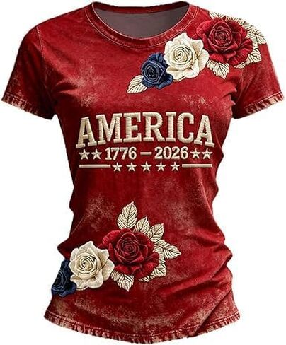 Women's 250 Anniversary USA Shirt Patriotic Shirts for Women Casual Short-Sleeved American Flag and Floral Print Design Shirt in Saudi Arabia