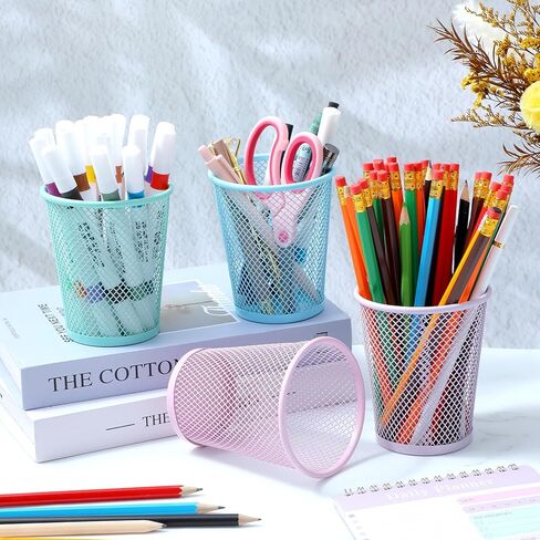 24 Pcs Mesh Pencil Holder, Colored Metal Pen Holder Metal Pen Cup Desk Organizer Cups Makeup Brush Holders for Desk Home School Office, 4 Colors in Kuwait
