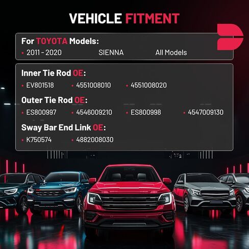 طقم التوجيه والتعليق BDFHYK 8 قطع متوافق مع Toyota Sienna 2011-2020، 2 * قضيب ربط داخلي EV801518 + 2 * قضيب ربط خارجي ES800997/ES800998 + 2 * رابط شريط التثبيت K750574 + 2 * غطاء غبار in Kuwait