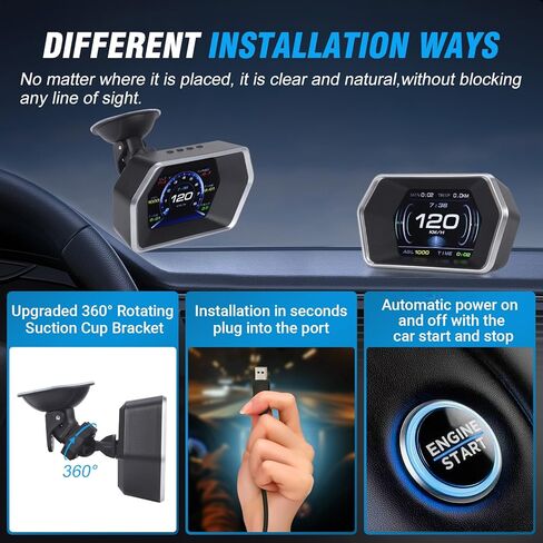 P17 Car HUD OBD & GPS Dual Mode Fuction Speedometer,Display Projects Real time Driving Data Like Speed, RPM, Fuel Consumption, Voltage, Water Temperature,12 Languages Adjustable,for All Vehicle in Kuwait