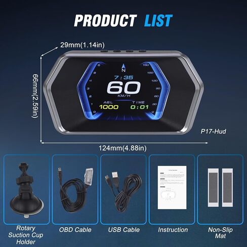 P17 Car HUD OBD & GPS Dual Mode Fuction Speedometer,Display Projects Real time Driving Data Like Speed, RPM, Fuel Consumption, Voltage, Water Temperature,12 Languages Adjustable,for All Vehicle in Kuwait