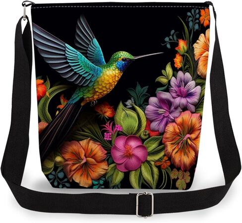 Floral Hummingbird Print Canvas Crossbody Bag, Adjustable Strap Lightweight Purse with Top Zipper & Inner Pocket, Daily Shoulder Bag Gift for Women -3 in Kuwait