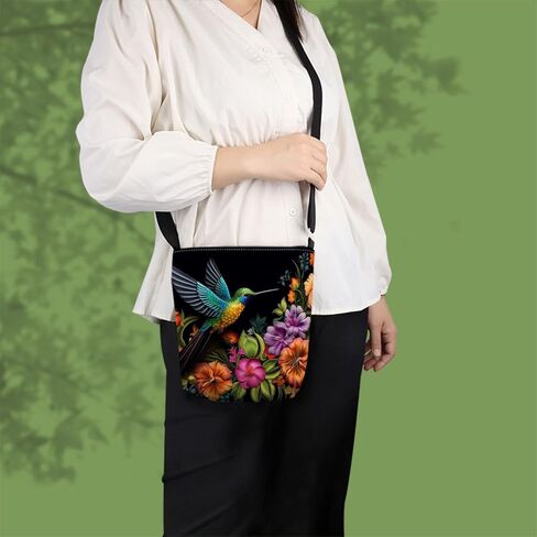 Floral Hummingbird Print Canvas Crossbody Bag, Adjustable Strap Lightweight Purse with Top Zipper & Inner Pocket, Daily Shoulder Bag Gift for Women -3 in Kuwait