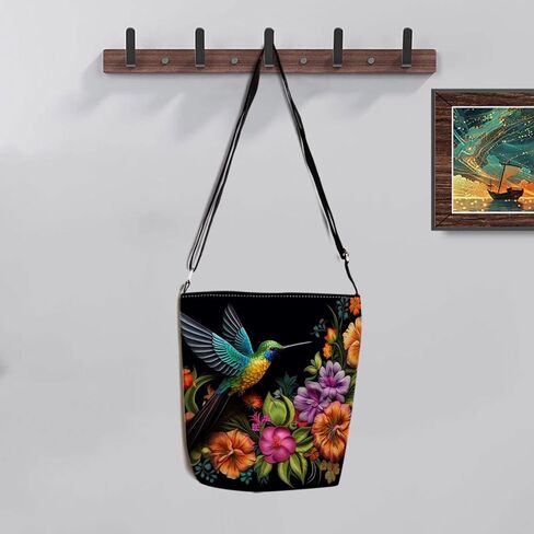 Floral Hummingbird Print Canvas Crossbody Bag, Adjustable Strap Lightweight Purse with Top Zipper & Inner Pocket, Daily Shoulder Bag Gift for Women -3 in Kuwait