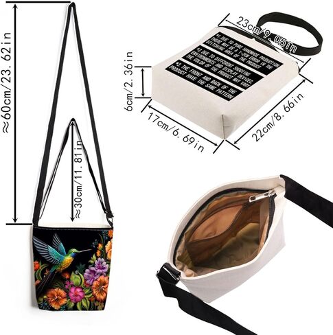 Floral Hummingbird Print Canvas Crossbody Bag, Adjustable Strap Lightweight Purse with Top Zipper & Inner Pocket, Daily Shoulder Bag Gift for Women -3 in Kuwait