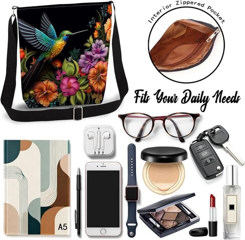 Floral Hummingbird Print Canvas Crossbody Bag, Adjustable Strap Lightweight Purse with Top Zipper & Inner Pocket, Daily Shoulder Bag Gift for Women -3 in Kuwait