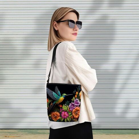 Floral Hummingbird Print Canvas Crossbody Bag, Adjustable Strap Lightweight Purse with Top Zipper & Inner Pocket, Daily Shoulder Bag Gift for Women -3 in Kuwait