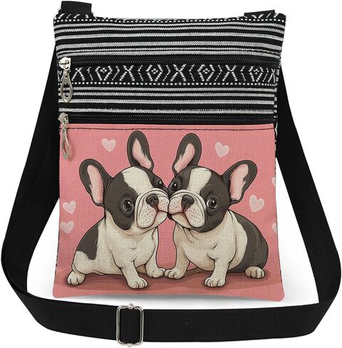 حقيبة كروس نسائية مطبوعة من Boston Terrier Puppies، هدية لطيفة لمحبي الكلاب مع تصميم قلب وردي حلو، حقيبة ساعي بحزام قابل للتعديل، هدية فريدة لعيد الميلاد أو عيد الميلاد لصديقة أخت in Kuwait