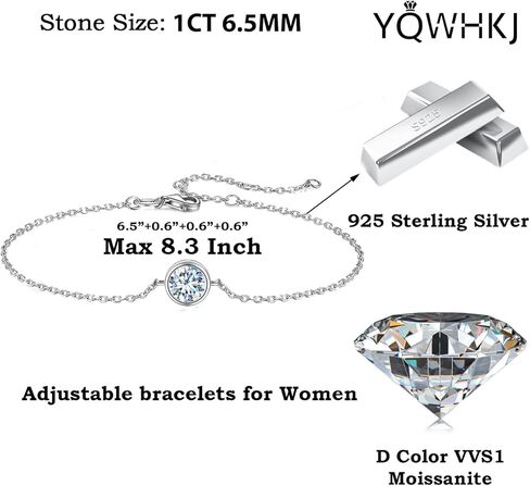 925 Sterling Silver Moissanite Bracelet for Women,1CT D Color VVS1 Diamond,Adjustabale 14K White Gold Box Chain(Fully Adjustable Up to 8.3 Inch/21cm),Perfect Jewelry Gifts in Saudi Arabia