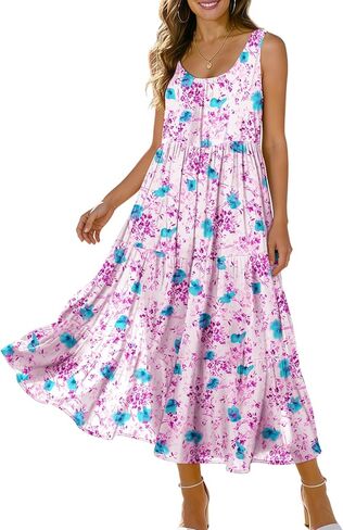 YESNO Women's Summer Cotton Dress Flowy Boho Floral Print Midi Sundress Casual Beach Dress with Pockets 2026 Fashion EVE in Kuwait