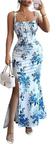 فستان Floerns نسائي صيفي طويل مزين بالزهور وربطة كتف للعطلات وفساتين Milkmaid Bodycon in Kuwait