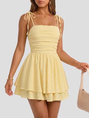 SKAYS Women's Ruffle Mini Sundress Cute Summer Short Tiered Shoulder Tie Flowy Pastel A Line Casual Cami Dress in Saudi Arabia