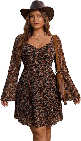 GORGLITTER Women's Plus Size Floral Trendy Dresses Sheer Tie Back Ruched Bust Bell Long Sleeve A Line Fall Mini Dress in Saudi Arabia