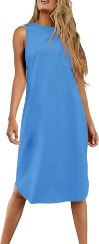 Dyexces Summer Dress for Women Crew Neck Short Sleeve Solid Basic T-Shirts Casual Midi Dresses with Pocket in Kuwait