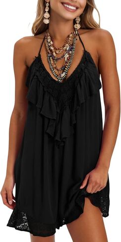 Women's Boho Halter Neck Mini Dress Backless Deep V Ruffle Lace Trim Summer Beach Flowy Sundress Cover Up in Saudi Arabia