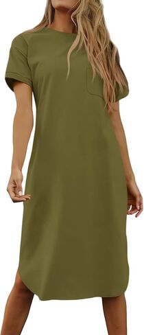 Dyexces Summer Dress for Women Crew Neck Short Sleeve Solid Basic T-Shirts Casual Midi Dresses with Pocket in Saudi Arabia