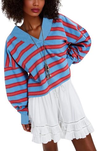 Women's Sweatshirt V Neck Long Sleeve Drop Shoulder Striped Cute Tops Pullover Sweatshirt in Saudi Arabia