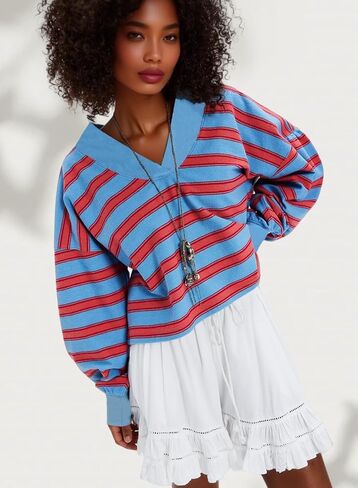 Women's Sweatshirt V Neck Long Sleeve Drop Shoulder Striped Cute Tops Pullover Sweatshirt in Saudi Arabia