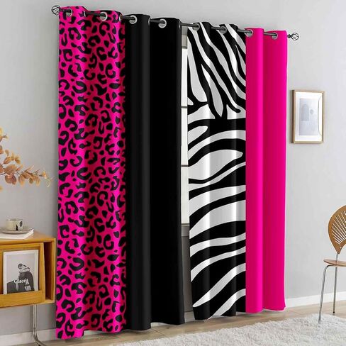 LUVIVIHOME ليوبارد ستائر التعتيم لغرفة النوم 84 بوصة طويلة 2 لوحات، الوردي الساخن الأسود والأبيض زيبرا الحيوان الجلد الفهد طباعة ستائر عيد الحب لغرفة المعيشة جروميت نافذة الستائر، 52Wx84L in Kuwait