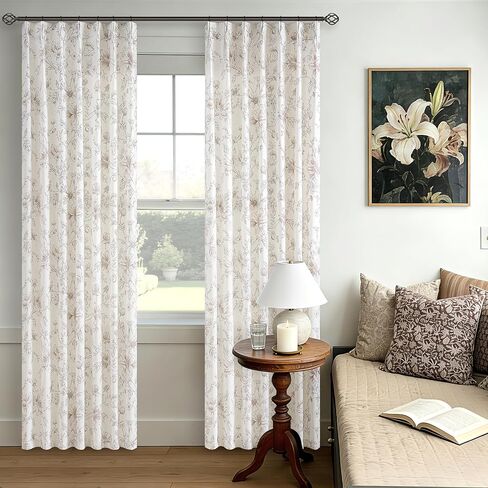 بني فاتح الأزهار الكتان ستائر مطوية 84 بوصة طويلة لغرفة النوم مكتب ضوء تصفية مزرعة خمر الفاوانيا زهرة الزنبق ستارة منقوشة لغرفة الطعام قرصة مطوي ستائر النافذة النباتية in Kuwait