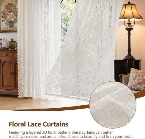 Beige Lace Rustic Victorian Floral Semi Sheer Light Filtering Curtains 84 Inch Long 2 Panel Set with Rod Pocket for Living Room Bedroom Dining Room 52x84 in Saudi Arabia