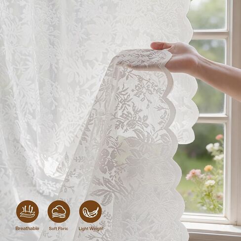 Beige Lace Rustic Victorian Floral Semi Sheer Light Filtering Curtains 84 Inch Long 2 Panel Set with Rod Pocket for Living Room Bedroom Dining Room 52x84 in Saudi Arabia